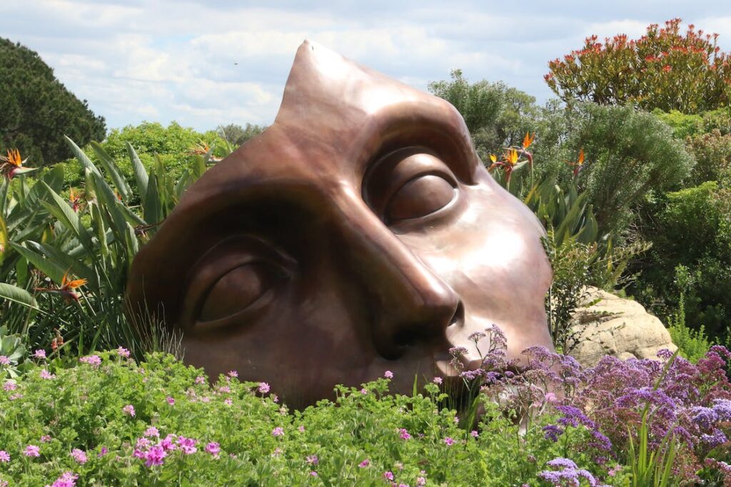 statue of stone face on the ground in grass