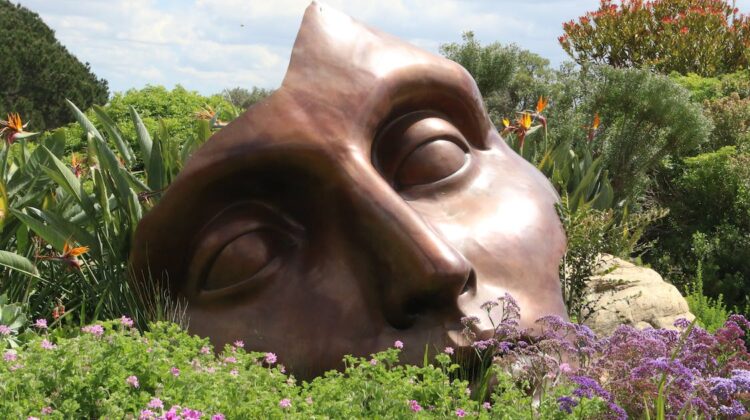 statue of stone face on the ground in grass