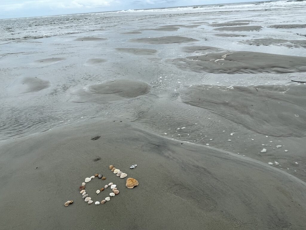 Shells from the letter G on the sand by ocean waves